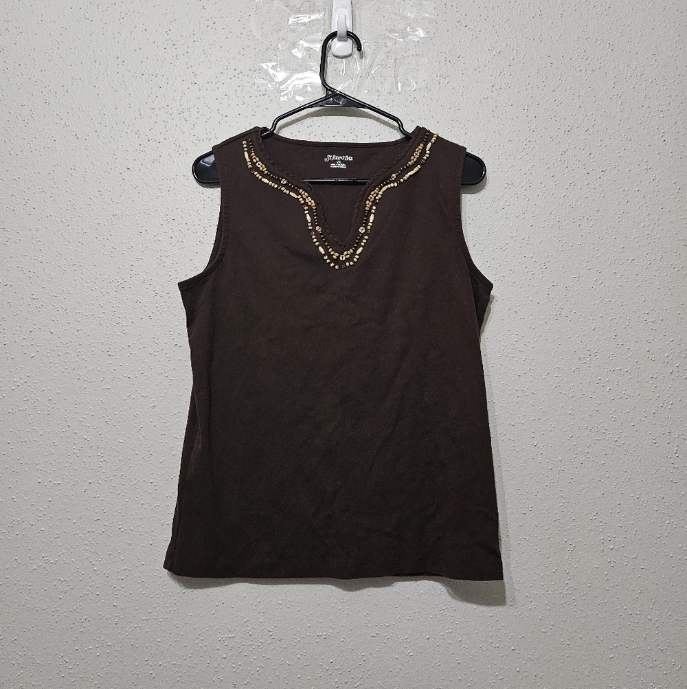 St. John's‎ Bay Y2K Brown Beaded Tank Top Women's L Boho Cotton Sleeveless